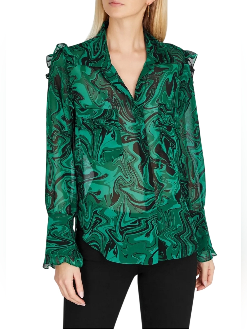 NWT $330 MISA LA Marble Print Ruffle Blouse Green Black Size S Chiffon Top